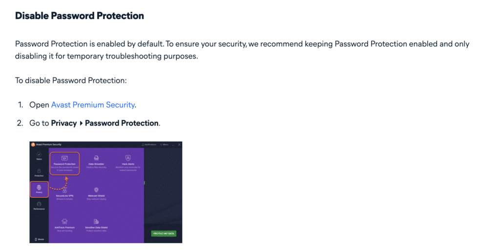 A step-by-step guide to disabling password protection on Avast’s support page.