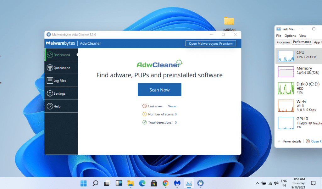 AdwCleaner dashboard says “Find adware, PUPs and preinstalled software” with a blue “Scan Now” button.