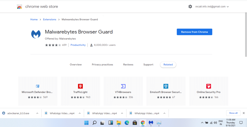 Malwarebytes Browser Guard extension in the Chrome Web Store displaying 4 out of 5 stars and 8,000,000+ users.