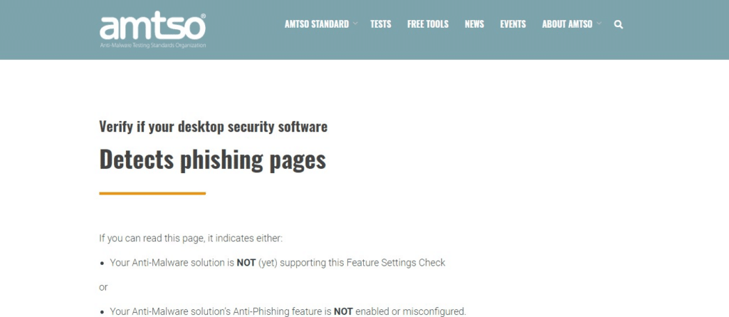 AMTSO.org test page indicating that a phishing site wasn’t blocked because the antivirus doesn’t support phishing protection or is disabled.