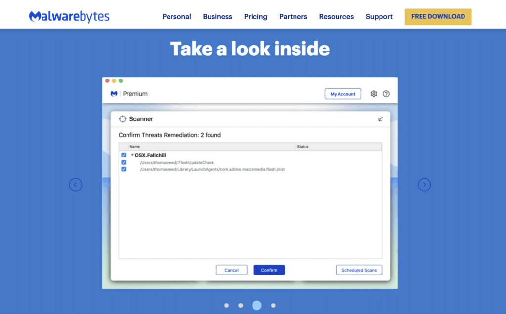 A section title “Take a look inside” the Malwarebytes macOS application view.