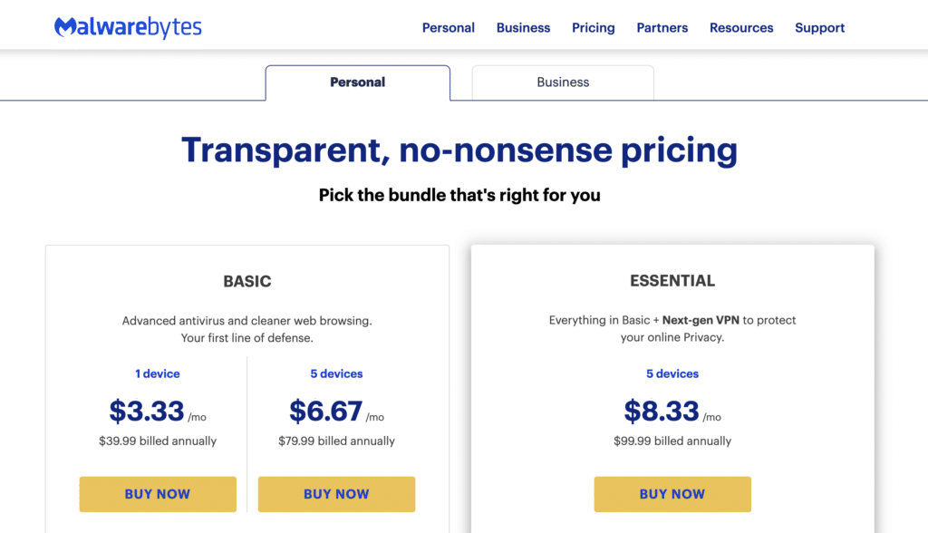 Malwarebytes pricing page titled “Transparent, no-nonsense pricing” with a column displaying Basic and Essential plans prices with a “Buy Now” button under each.