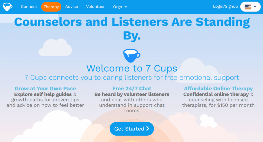 7 Cups homepage says “Counselors and Listeners Are Standing By” with clouds and a pale rainbow.