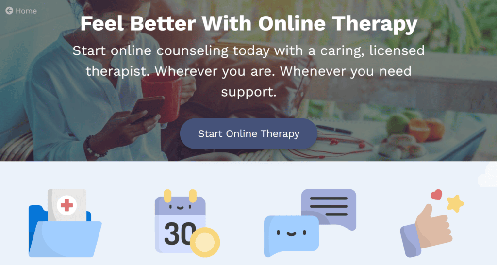 Signup page says “Feel Better With Online Therapy.” Woman holds her phone and a red cup of tea.
