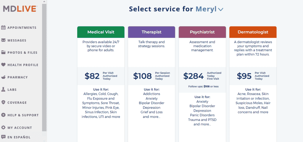 Four colored columns of MDLive’s services: medical visits, therapy, psychiatry, and dermatology.