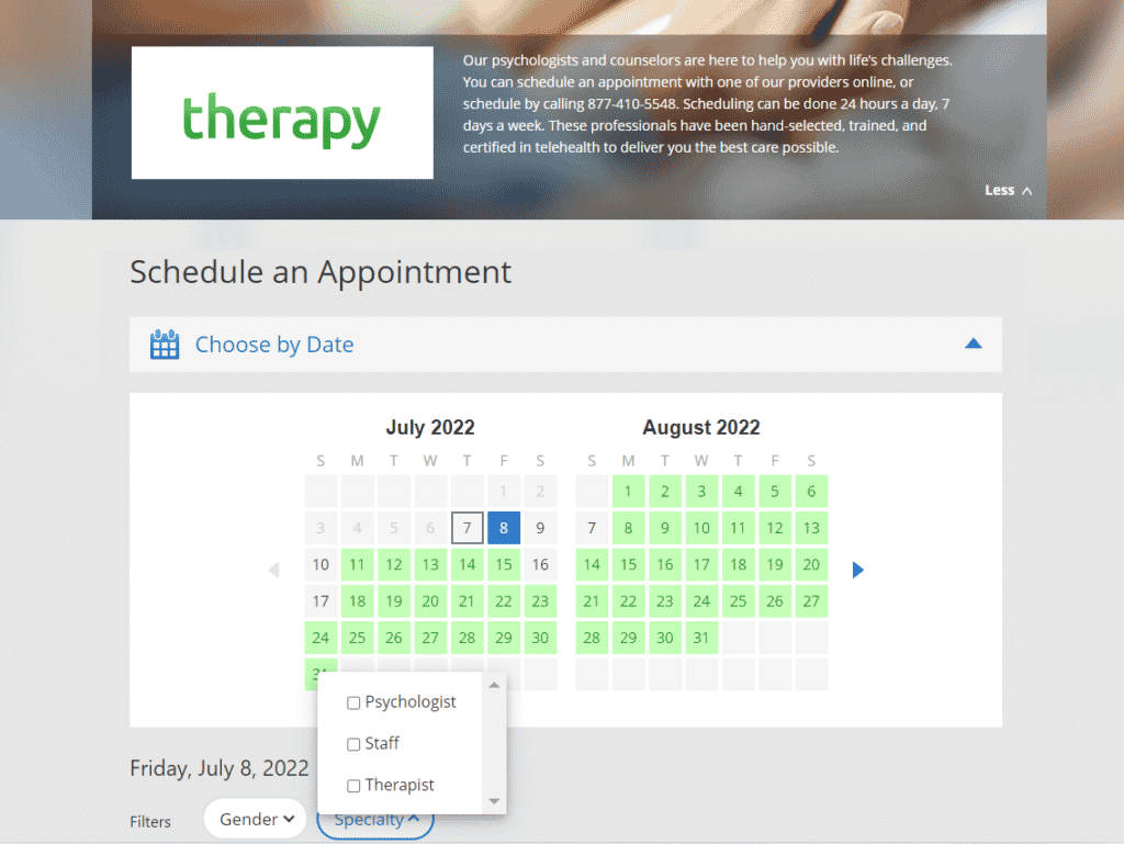 Two calendars for July and August that highlight in green the available dates for therapy sessions.