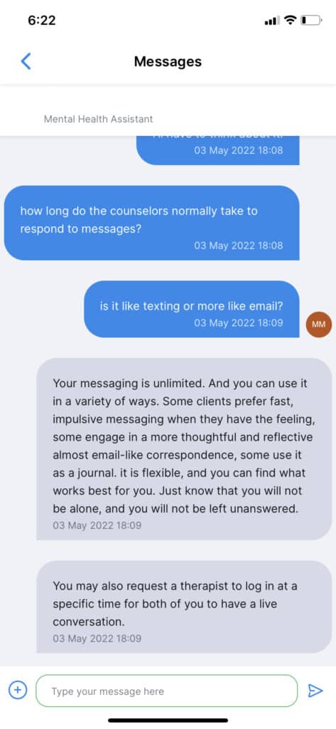 Screenshot of Calmerry messaging, where an assistant explains how some people use chat therapy.