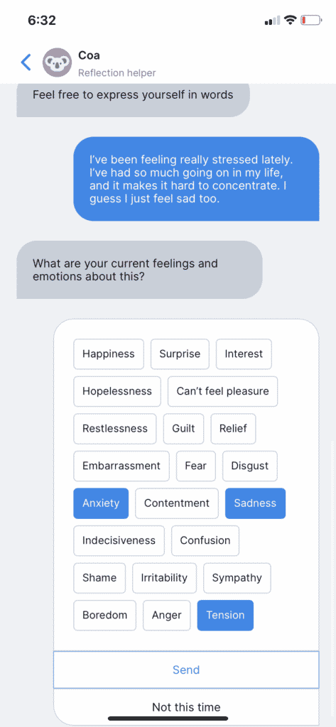 We journal to a chatbot, who prompts us to select what feelings this experience brings up in us.