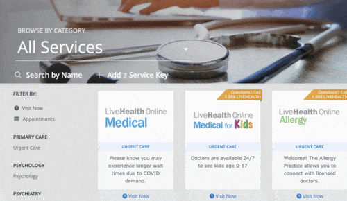 Choosing a telemedicine service and appointment times on the LiveHealth Online platform