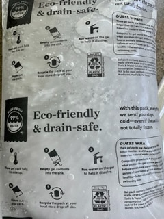 Drain-safe cold packs from Blue Apron with disposal instructions.