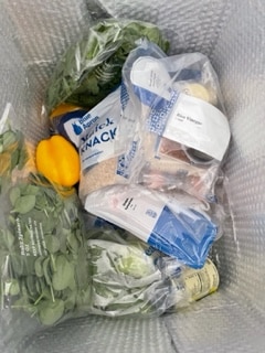Opened Blue Apron delivery with ingredients in an insulated box.
