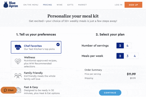 Signing up for Blue Apron by selecting diet and plan preferences.
