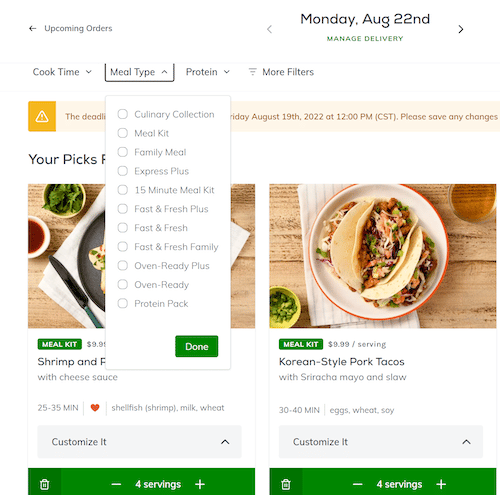 Editing meal kit delivery on Home Chef, an open filter sorts the menu by meal type.