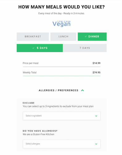 Selection menu for a Fresh n’ Lean low carb vegan meal plan asking “How Many Meals Would You Like?” and options to input allergies and diet preferences.